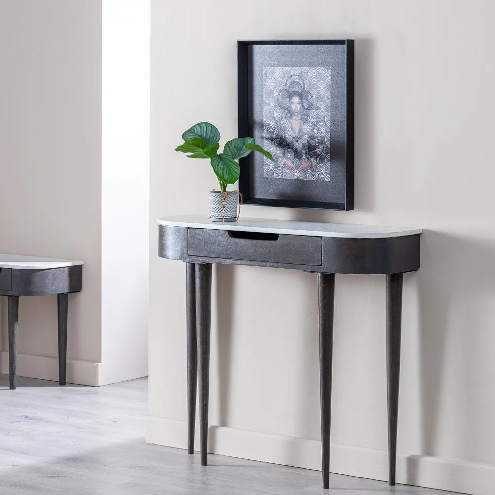 GREY-WHITE MARBLE/WOOD CONSOLE 90 X 25 X 78 CM
