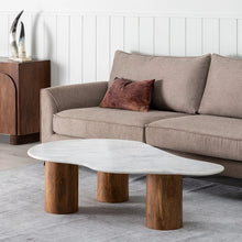 Load image into Gallery viewer, COFFEE TABLE WHITE-NATURAL MARBLE/WOOD 135 X 80 X 35 CM