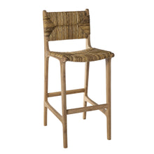 Load image into Gallery viewer, tulum stool, banana stool, teak wood stool, bar stool, solid teak wood island bar stool, boho stool, boho bar stool, boho island stool