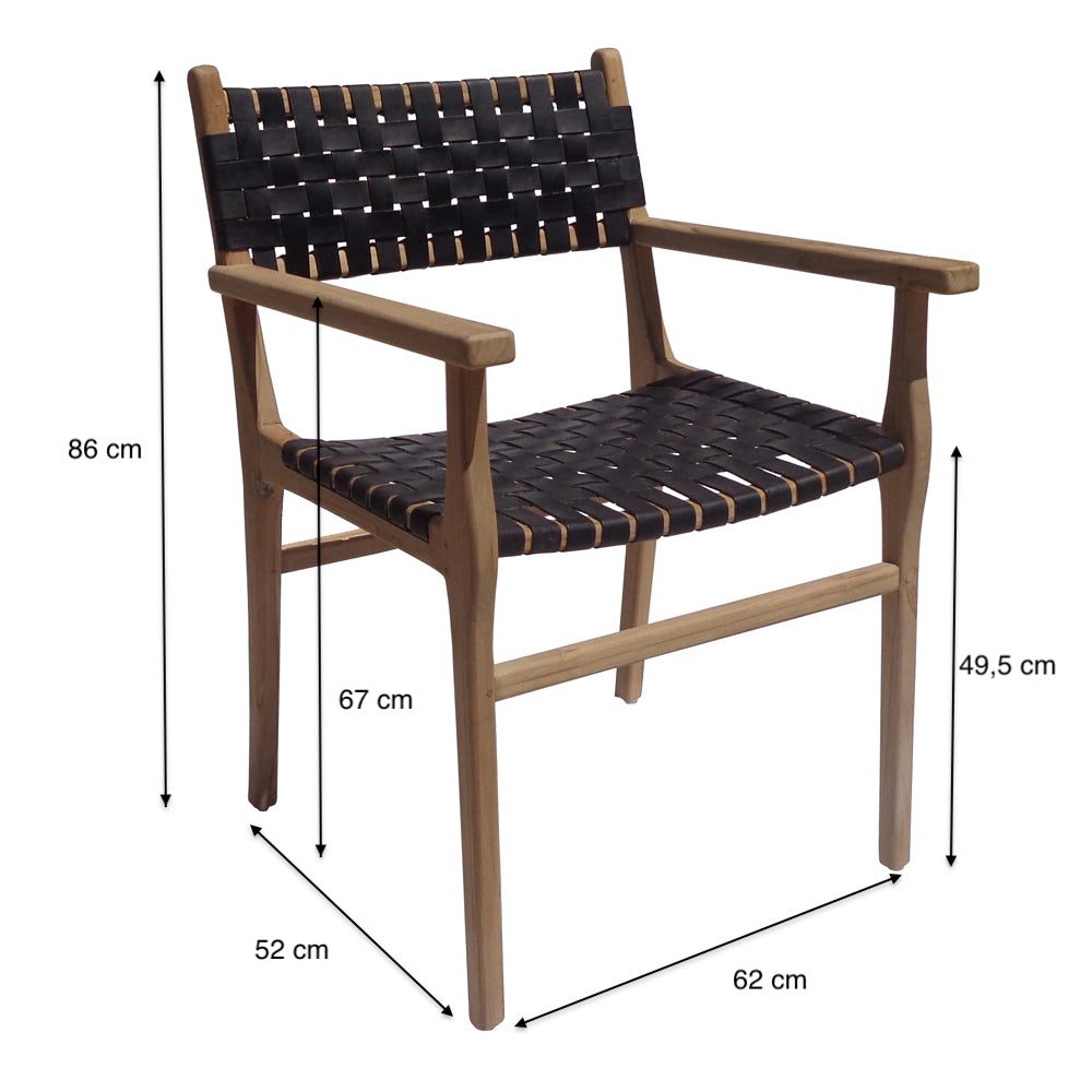 Leather and teak wood dining chair with armrests