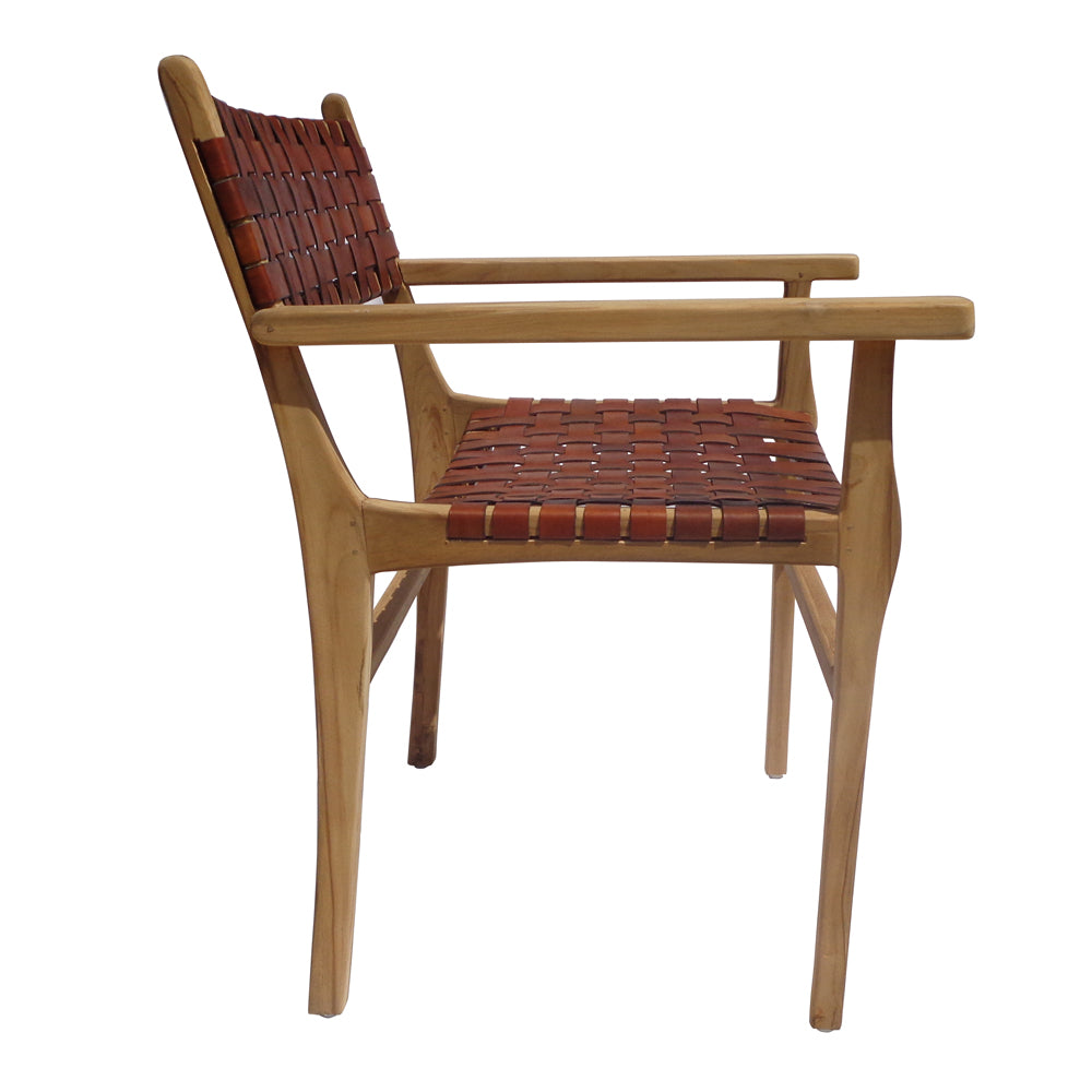 Leather and teak wood dining chair with armrests