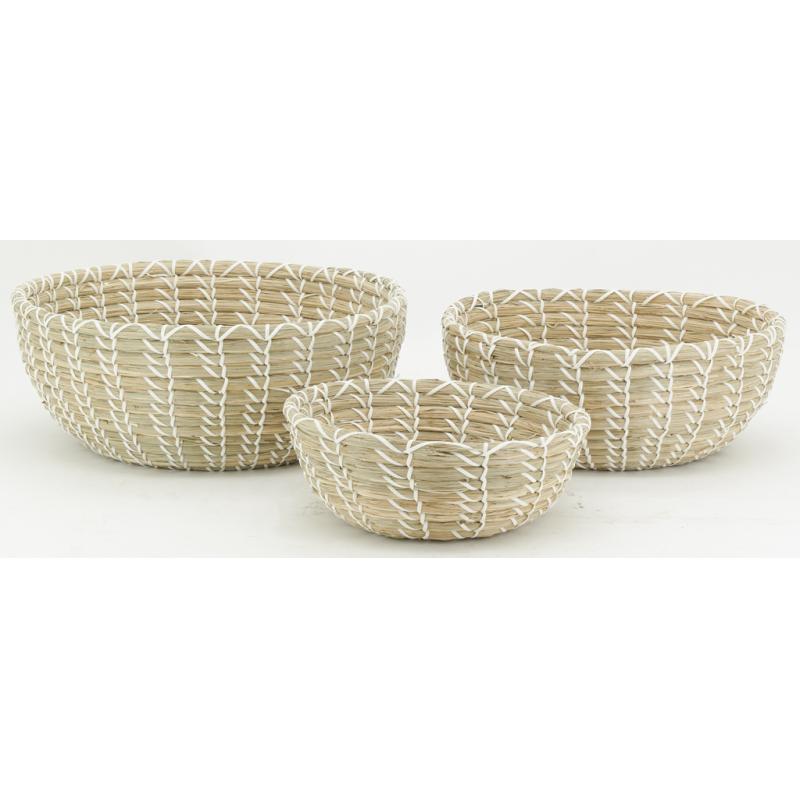 Storage baskets in natural rush and white ties