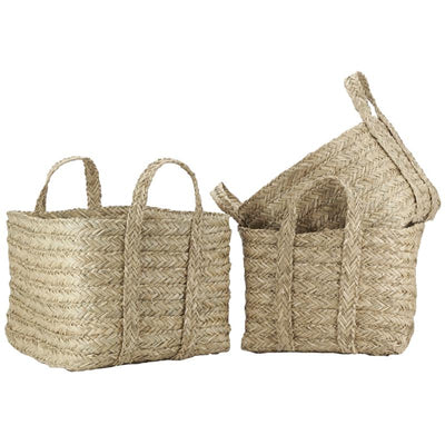 Square baskets in braided natural rush