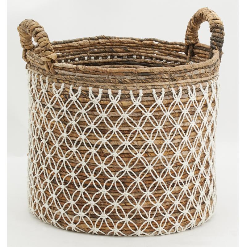 Storage baskets in hemp and geometric decoration in cotton